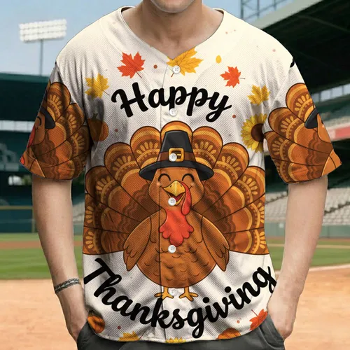 Turkey Pilgrim Hat Happy Thanksgiving Maple Leaves Sunflowers Baseball Jersey