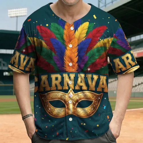 Golden Masquerade Mask Filigree Carnaval Feathers Confetti - Festive Event & Party Baseball Jersey