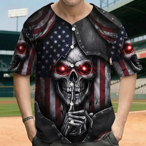 Skeletal Shhh Face American Flag - Independence Day Gift for Veterans Baseball Jersey