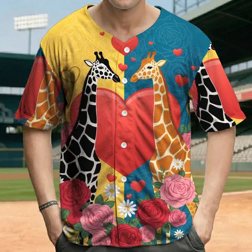 Giraffes Red Heart Roses Daisy Floral - Couple Gift for Wildlife Lovers Baseball Jersey