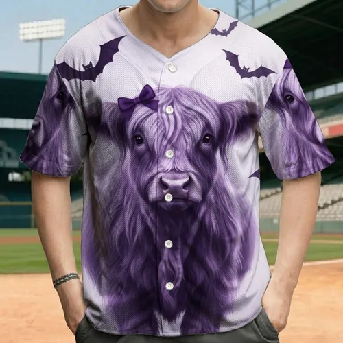 Purple Highland Cow with Bats and Spiderwebs - Halloween Spooky Season Gift Baseball Jersey