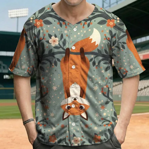 Red Fox Upside Down Tree Branch Foliage Blossoms Small Foxes Dots - Wildlife Lover Gift Baseball Jersey