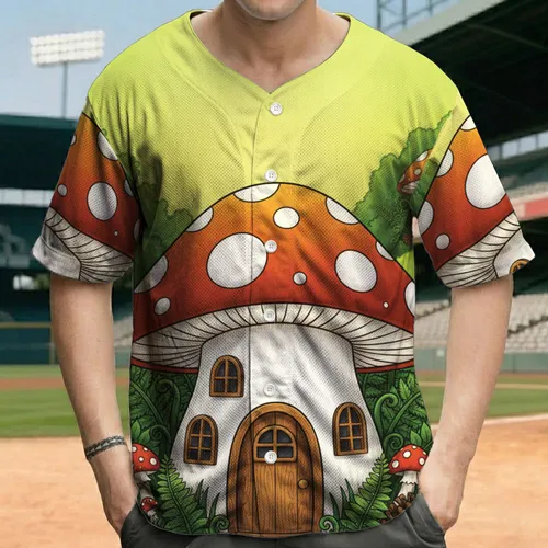Orange Cap Mushroom House Woodland Scene - Nature Lover Home Decor Gift Baseball Jersey