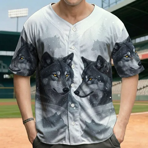 Dark Grey Wolves Swirling Mist Pine Trees Snow - Wildlife Lover Gift for Wolf Lovers Baseball Jersey