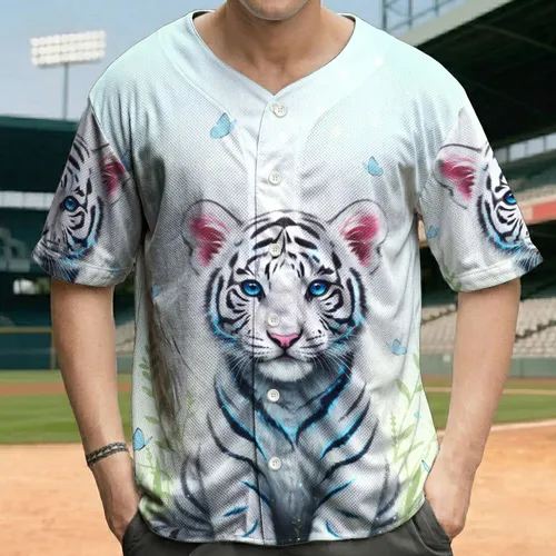 White Tiger Cub Sapphire Eyes Blue Butterflies Green Foliage - Wildlife Lover Gift Baseball Jersey