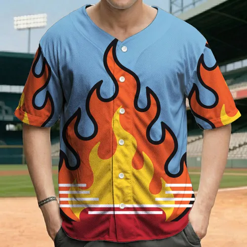 Orange Yellow Flames Red Blue Background - Statement Fashion Baseball Jersey