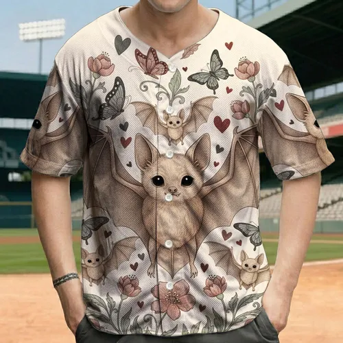 Winged Bat Butterfly Flowing Floral Hearts - Gothic Lifestyle Gift for Bat Enthusiast Baseball Jersey