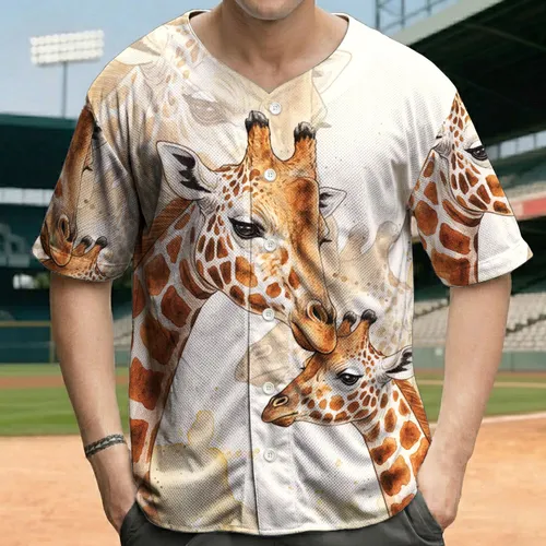 Majestic Watercolor Giraffe Heads Calf Cream Background - Wildlife Lover Gift Baseball Jersey