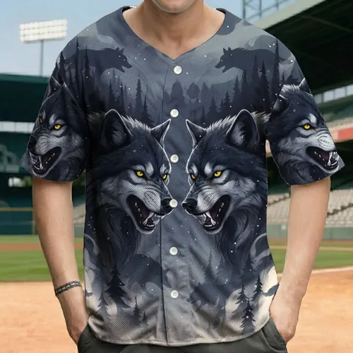 Snarling Wolf Heads Forest Night - Wildlife Lover Gift Baseball Jersey
