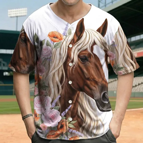 Blaze Mane Horse Head Wildflowers Roses - Equestrian Gift for Horse Lover Baseball Jersey