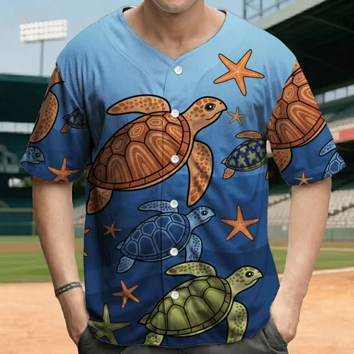 Three Sea Turtles Starfish Ocean Waves Underwater - Ocean Lover Gift Baseball Jersey