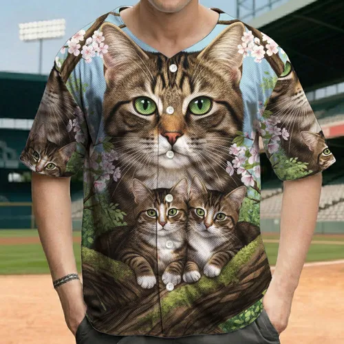 Realistic Tabby Cats Green Eyes Cherry Blossoms Lush Foliage Sky Background - Cat Lover Gift Baseball Jersey