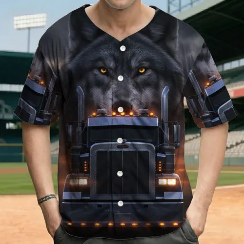 Semi Truck Wolf Wet Road Night - Trucker Lifestyle Gift for Wolf Lovers Baseball Jersey