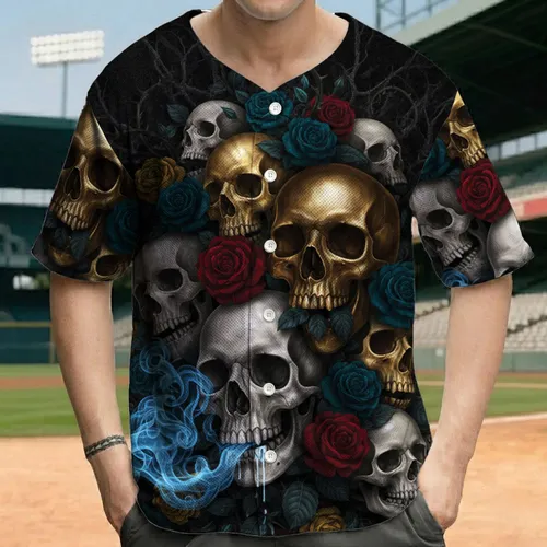 Bone Gold Skulls Gothic Roses Vines - Gothic Lover Gift Baseball Jersey