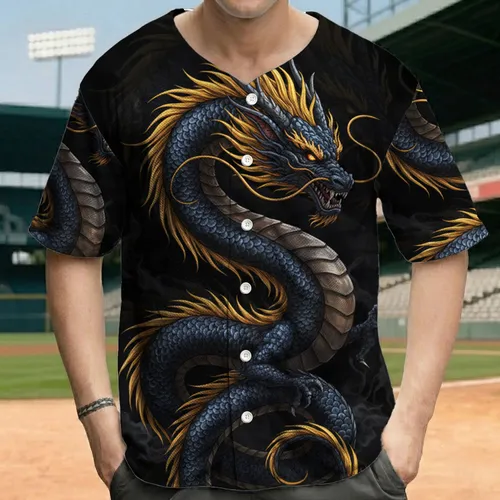 Oriental Dragon Golden Mane Amber Eyes Dark Blue-Grey Scales - Fantasy Lover Gift Baseball Jersey
