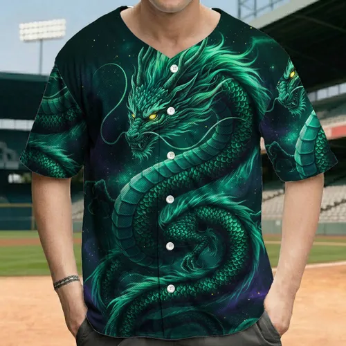 Coiling Oriental Dragon Emerald Teal Scales Glowing Celestial Swirls - Fantasy Dragon Lover Gift Baseball Jersey