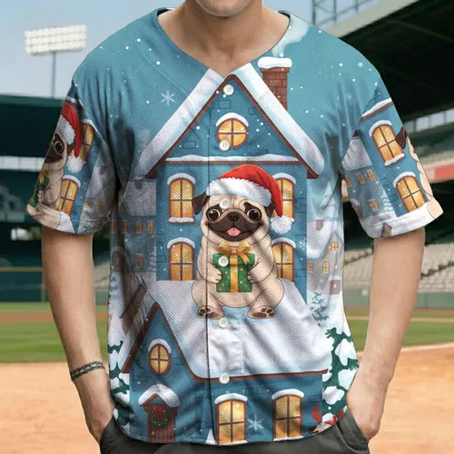 Pug Santa Hat Gift Snow Rooftop Village - Christmas Holiday Gift for Pug Lovers Baseball Jersey