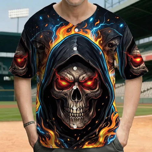 Grim Reaper Glowing Skull Have 3 Sides Flames Electric Energy - Fantasy Lover Gift Baseball Jersey
