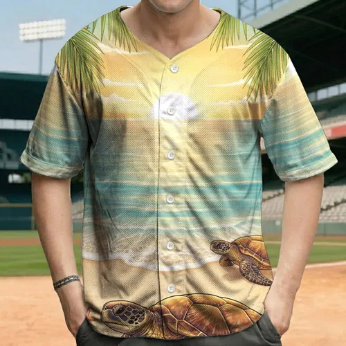 Sea Turtles Tropical Beach Sunset Hibiscus Palm - Beach Vacation Gift Baseball Jersey