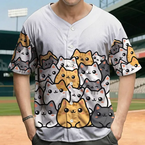 Dense Stacked Cartoon Cats with Thick Black Outlines - Everyday Cat Lover Wear Gift Baseball Jersey