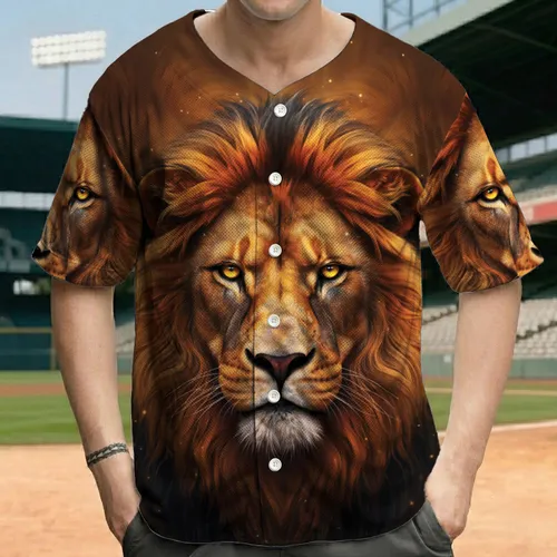 Regal Lion Head Intense Golden Eyes Voluminous Mane Deep Brown Background - Wildlife Lover Gift Baseball Jersey