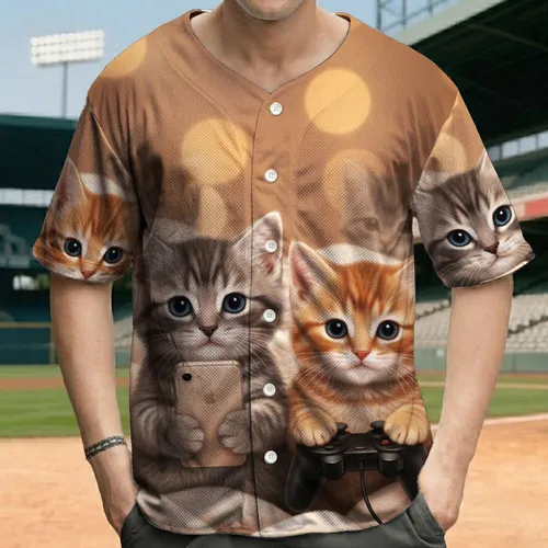 Cluster of Blue-Eyed Grey Orange Tabby Kittens Peeking from Blankets - Cat Lover Gift Baseball Jersey