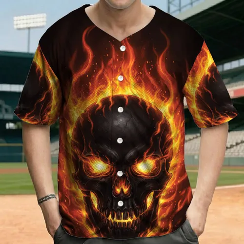 Hellish Glowing Dark Skull with Fiery Flames - Dark Fantasy Fan Gift Baseball Jersey