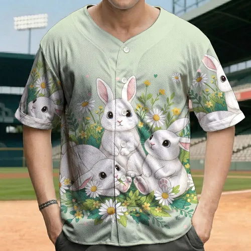 Three White Bunnies Daisies Wildflowers Sage Green - Wildlife Lover Gift Baseball Jersey