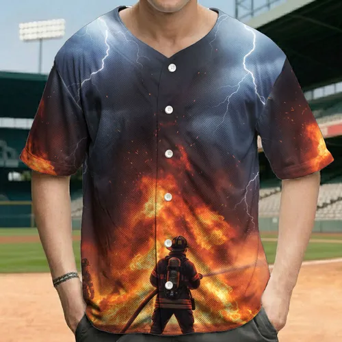Heroic Firefighter Battling Inferno Lightning Storm - First Responder Gift Baseball Jersey