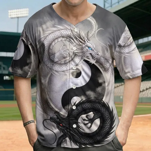 White Black Dragon Yin Yang Intertwined - Fantasy Lover Gift Baseball Jersey