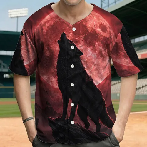 Majestic Black Wolf Howling Red Moon Forest - Wildlife Lover Gift Baseball Jersey