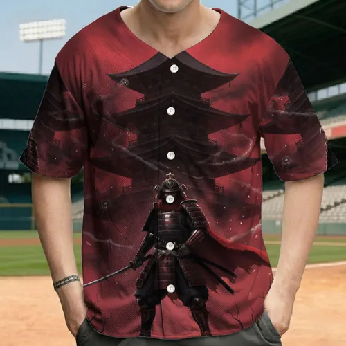 Lone Samurai Warrior Katana Pagoda Rocky Outcrop Crimson Mists - Warrior Fan Gift Baseball Jersey