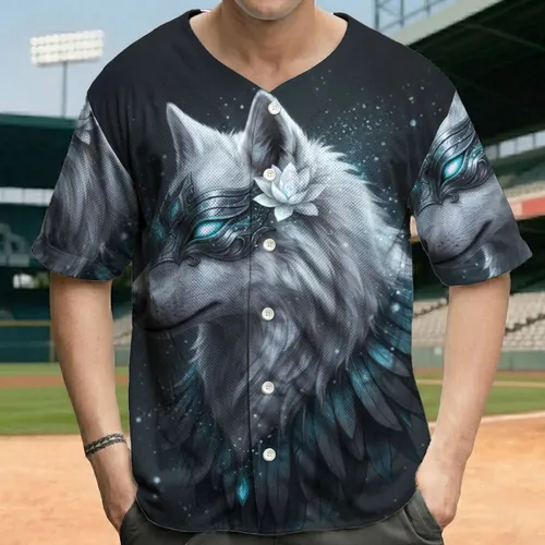 White Wolf Ornate Silver Mask Feathered Lotus Flower - Wildlife Gift for Animal Lovers Baseball Jersey
