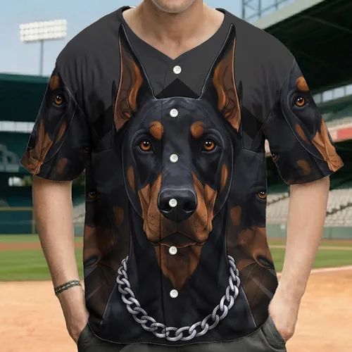 Alert Doberman Pinscher Head Silver Chain Collar - Dog Lover Gift for Pet Parents Baseball Jersey