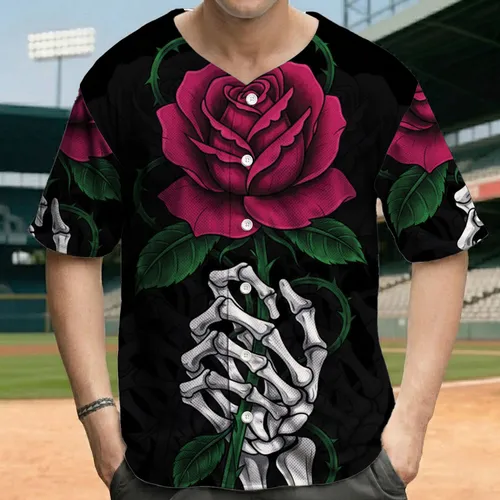 Deep Magenta Rose Skeletal Hand - Gothic Style Gift for Goth Fan Baseball Jersey