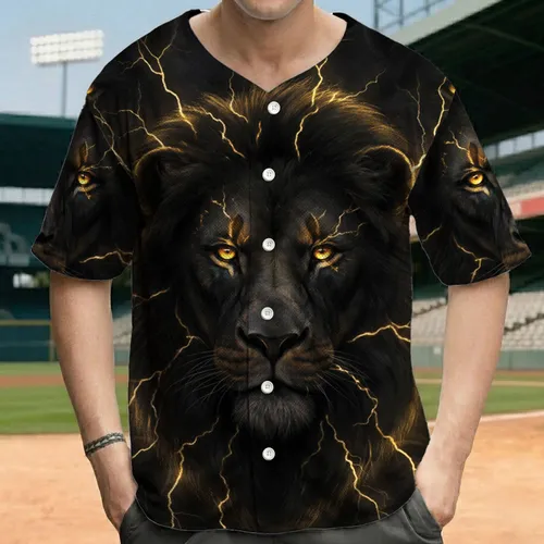 Black Lion Golden Lightning Gaze Dark Textured Background - Wildlife Lover Gift for Men Baseball Jersey