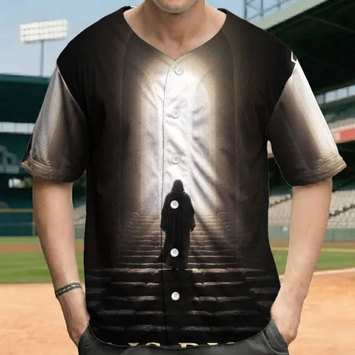 He Is Risen Text Robed Figure Stone Staircase - Easter Celebration for Believers Baseball Jersey