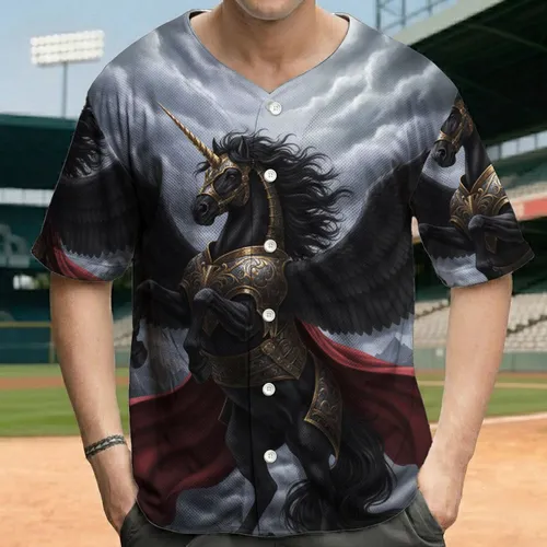 Black Pegasus Unicorn Fantasy Armor Red Cape Stormy Mountain - Fantasy Lover Gift Baseball Jersey