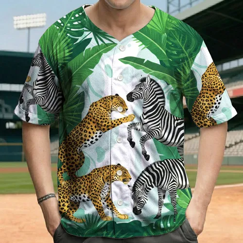 Leopards Zebras Tropical Foliage with Monstera Palm Fronds - Safari Wildlife Lover Gift Baseball Jersey