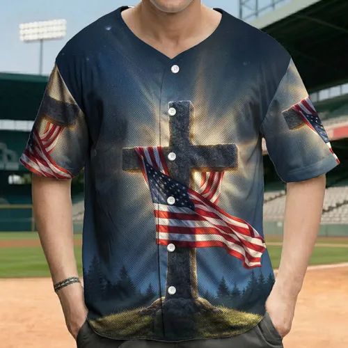 Weathered Stone Cross American Flag Night Sky - Independence Day Gift for Veterans Baseball Jersey