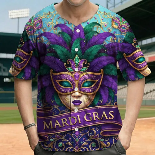 Purple Gold Jeweled Feathered Mardi Gras Mask - Mardi Gras Festivities Baseball Jersey