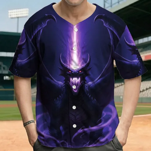 Dark Blue-Black Dragon, Glowing Red Eyes, Purple Beam - Mythical Creature Gift Baseball Jersey