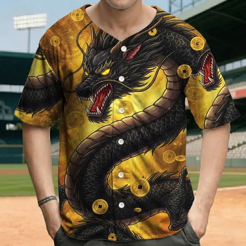 Magnificent Snarling Black East Asian Dragon Gold Coins - Mythology Fan Gift Baseball Jersey