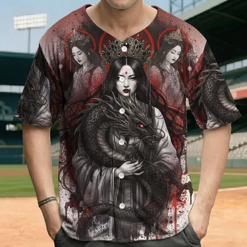 Regal Asian Woman Dark Dragon Glowing Eyes Crown - Eastern Legends Gift for Fantasy Fan Baseball Jersey