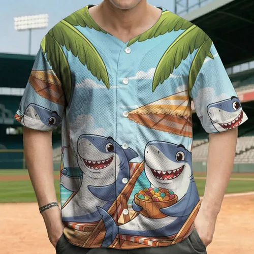 Sharks Beach Chairs Palm Trees Ocean - Tropical Vacation Gift for Beach Lovers Baseball Jersey