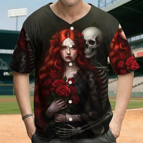 Red-Haired Woman Skeleton Rose Bouquet - Statement Wear Gift Baseball Jersey