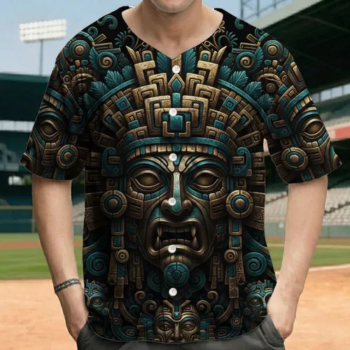 Intricate Sculpted Gold Teal Mesoamerican Guardian Mask Headdress - Ancient Cultural Heritage Gift Baseball Jersey