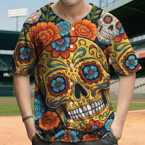 Yellow Sugar Skull Floral Vines Day of the Dead Folk Art - Celebration Gift Baseball Jersey
