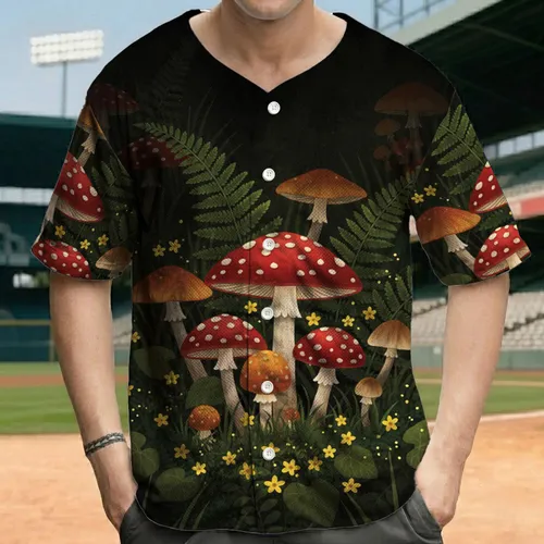 Red-Capped Mushroom Forest Foliage Yellow Flowers - Mushroom Lover Gift Baseball Jersey