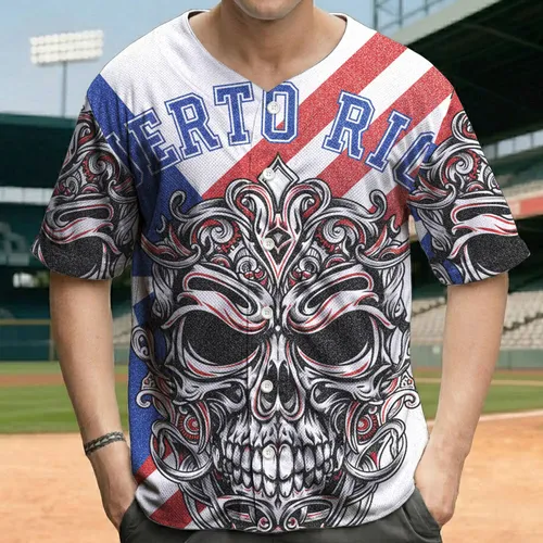 Puerto Rico Skull Shield Emblem - Heritage Celebration Gift for Puerto Ricans Baseball Jersey
